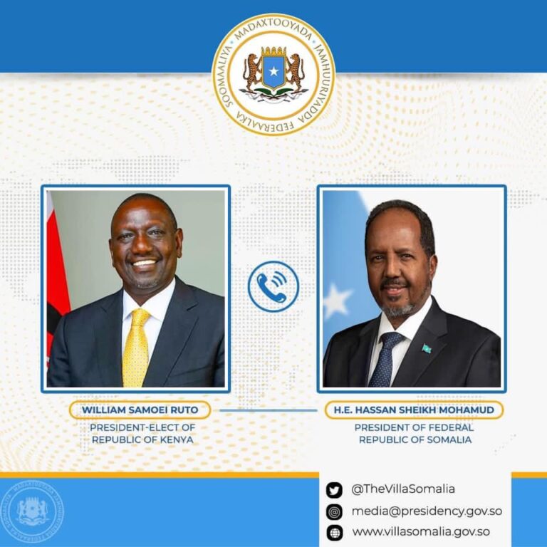 Madaxweyne Xasan Sheekh oo khadka telefonka kula hadlay madaxweynaha dooran ee Kenya
